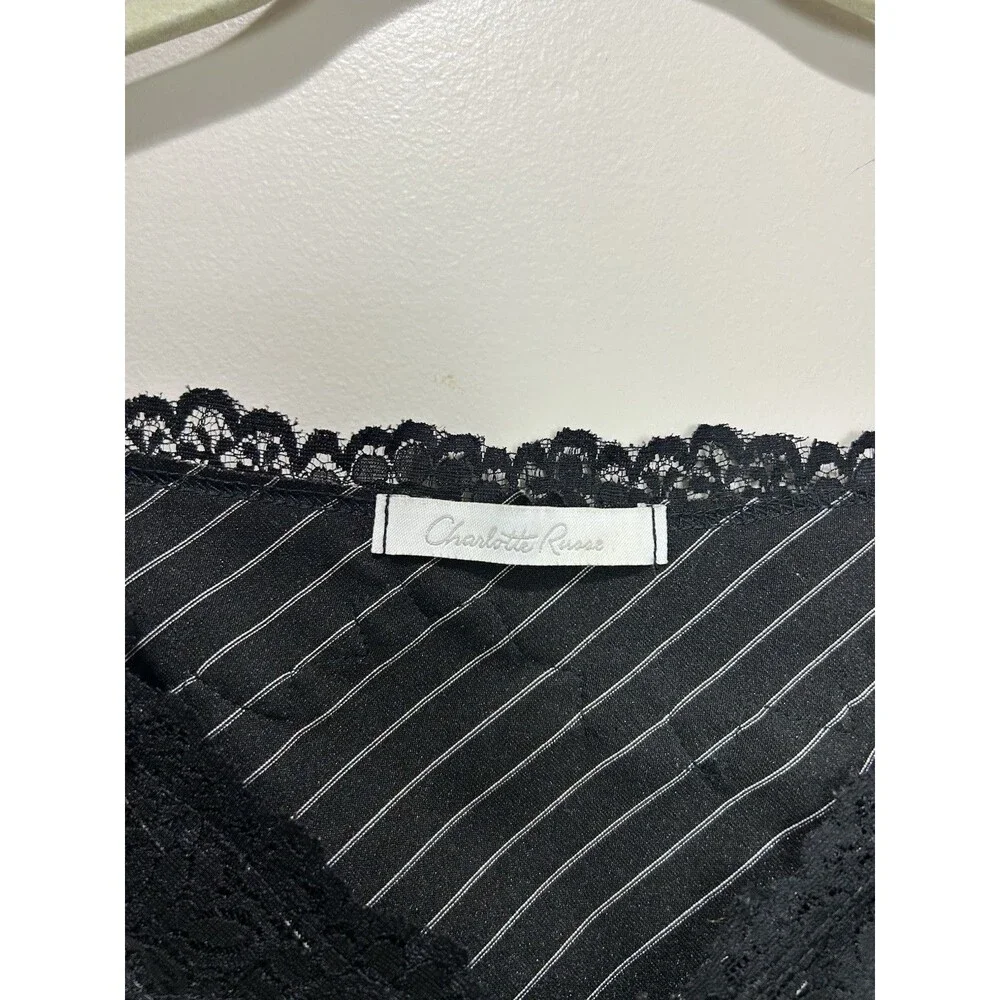 Vtg Charlotte Russe Striped Tank Top Black Lace Whimsigoth Y2K Grunge L - Picture 3 of 9